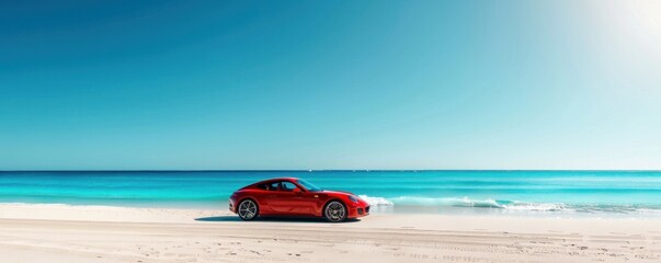 Red car parked on sandy beach, blue ocean and sky backdrop, perfect for travel and adventure themes.