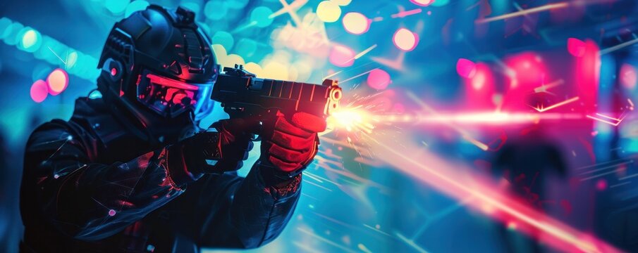 Person aiming laser gun, dramatic lighting, neon colors, exciting action-packed laser tag experience.
