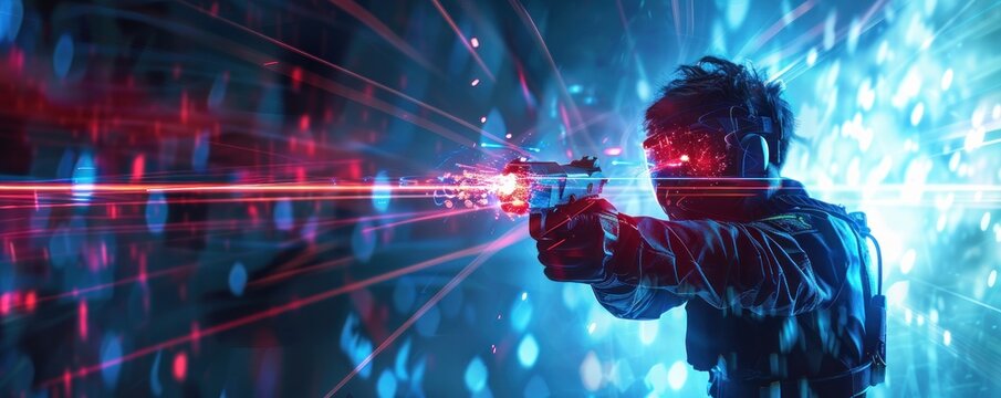 Person aiming laser gun, dramatic lighting, neon colors, exciting action-packed laser tag experience.