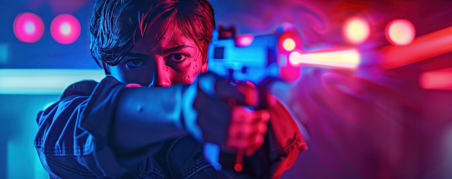 Person aiming laser gun, dramatic lighting, neon colors, exciting action-packed laser tag experience.