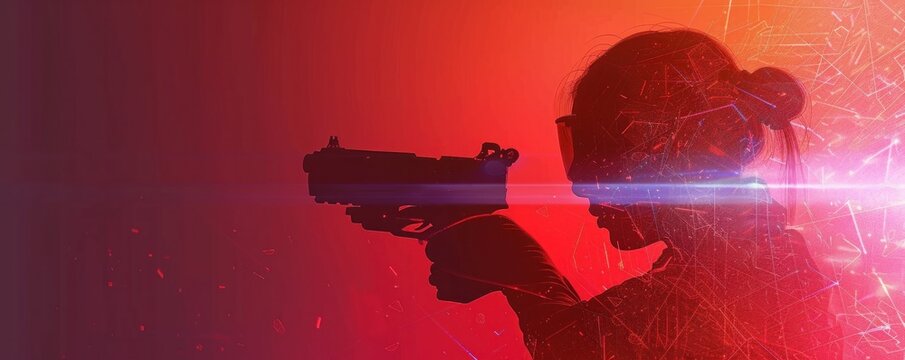 Person aiming laser gun, dramatic lighting, neon colors, exciting action-packed laser tag experience.