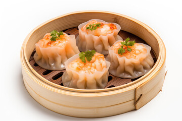 A close-up view of tasty steamed dumplings dim sum garnished with fresh coriander leaves, served in a traditional bamboo steamer against a white background.