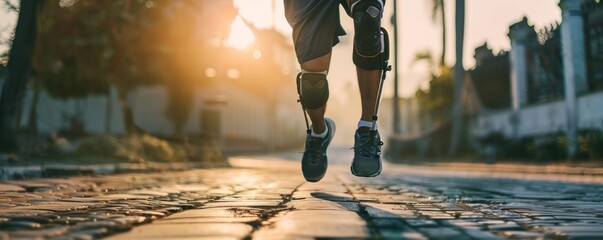 Athlete with prosthetic leg running in park, determination and strength, inspiring sports and fitness.