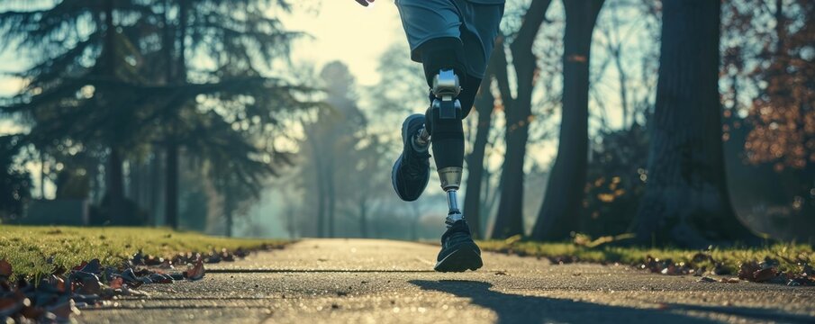 Athlete with prosthetic leg running in park, determination and strength, inspiring sports and fitness.