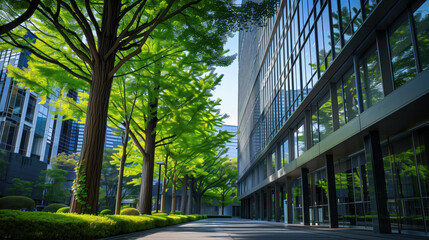 Urban Oasis: Green Trees by Modern Glass Buildings
