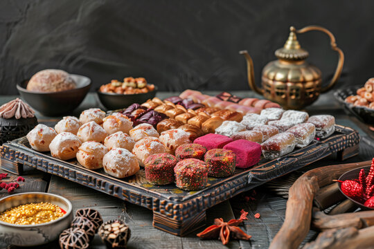 A tray of assorted desserts is displayed on a wooden table