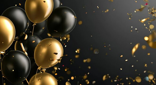 Gold and black balloons with confetti and ribbons on a dark background, festive celebration concept, suitable for New Year's Eve or luxury events, with copy space