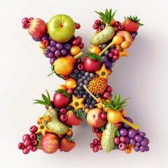 Typography of the letter X crafted from fresh fruit. Fruits and vegetables. Easy to remove background. Creative and healthy concept.