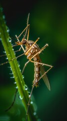 Fototapeta premium Macro Shot of Mosquito Perched on Dew-Covered Grass Blade in Nature