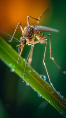 Fototapeta premium Macro Shot of Mosquito Perched on Dew-Covered Grass Blade in Nature