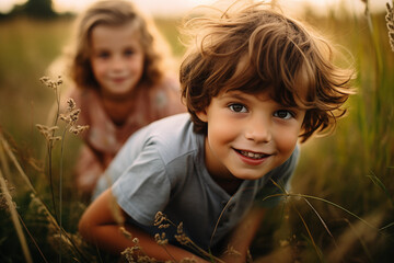 children playing in the field, nature, countryside, play hide-and-seek in sunlight, happy thrilled smiling girl, boy, intense expression, wearing tshirt, excited, long hair, cheerful, friends