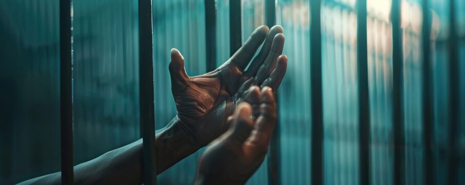 Hands gripping prison bars, dramatic lighting, concept of imprisonment, justice, and confinement.