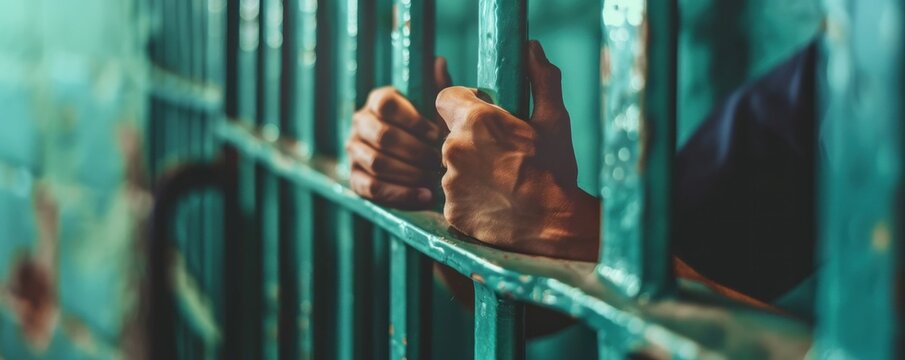 Hands gripping prison bars, dramatic lighting, concept of imprisonment, justice, and confinement.