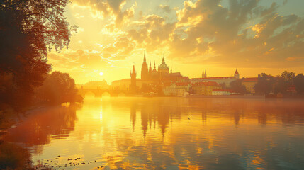 Naklejka premium Prague, Czech Republic city skyline created with Generative AI technology