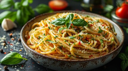 Delicious spaghetti with vibrant tomato basil sauce and garnished with herbs on a table