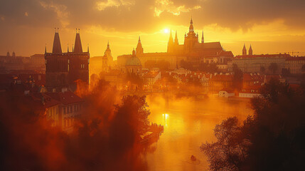 Fototapeta premium Prague, Czech Republic city skyline, golden hour, photorealistic --ar 16:9 --style raw --stylize 750 Job ID: c30978e6-063c-494c-a68e-bc985a084246