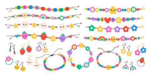 Kids jewelry set. Colorful handmade bracelets with plastic beads, letters, stars, hearts, flowers. Vector illustration in flat style