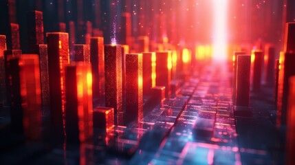 Obraz premium A futuristic cityscape with bright lights and red buildings, AI