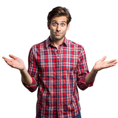 Naklejka premium Man in plaid shirt shrugging on transparent background