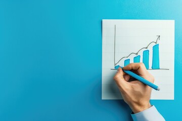 Hand drawing a graph with a blue pencil on a blue background. The graph shows a steady increase over time.