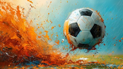 A soccer ball appears to burst through an explosion of colored paint, under a simulated rain effect