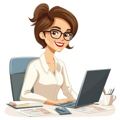 A businesswoman wearing glasses is sitting at her desk and working on her laptop.