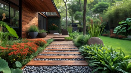 A beautiful garden with a wooden walkway and a stone path