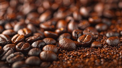 Macro shot of shiny coffee beans piled with a soft focus background, highlighting their texture and rich color