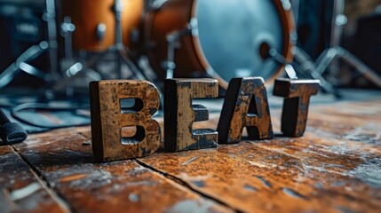 The word BEAT is written in a block of wood on a wooden floor - Powered by Adobe