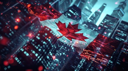 Canadian flag with digital circuit design in futuristic cityscape. Technology and national identity concept.
