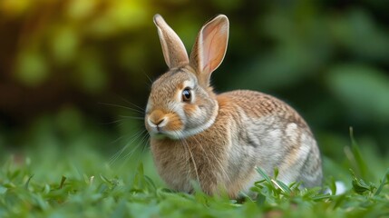 Fototapeta premium A rabbit is sitting in the grass, looking at the camera