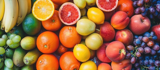 Vibrant assortment of ripe organic fruits from the market: apples, oranges, grapefruits, bananas, grapes, and apricots, set against a backdrop of wholesome health.