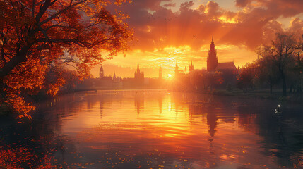 Obraz premium Warsaw, Poland city skyline created with Generative AI technology