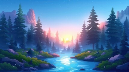 Stunning sunrise over serene forest river with majestic mountains as backdrop, creating a tranquil and picturesque natural landscape