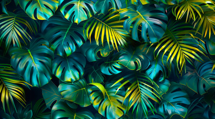 A lush green forest with many leaves and a yellowish tint