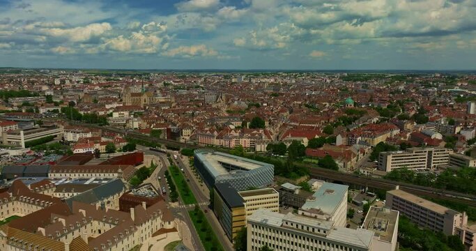 Aerial view around the town Dijon. Flight through the historic center of Dijon, the capital of Burgundy. Ancient hotels of the Middle Ages have been preserved to this day. French culture