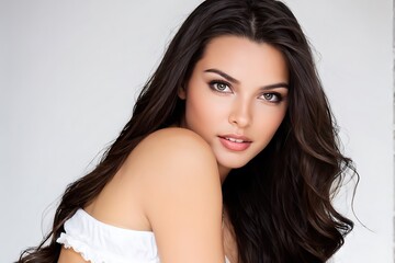 Fototapeta premium Portrait of a Beautiful Young Woman with Pristine Skin, Highlighting Face Care, Cosmetology, and Spa