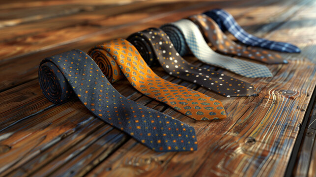 Assorted colorful neckties on a wooden surface with copy space