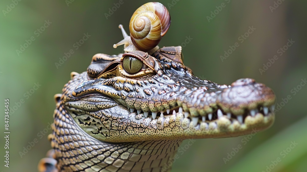 Wall mural Close-up of a Crocodile with a Snail on Its Head