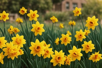 Obraz premium Sunshine daffodils in the garden on the cloudy day