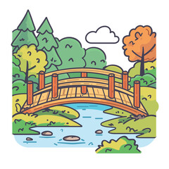Wooden bridge over serene river, serene landscape colorful sky. Park scene wooden bridge nature, peaceful river greenery outdoors drawing, bridge flowing water, tranquil