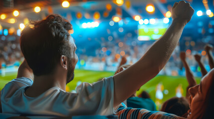 Obraz premium A man is sitting in a stadium watching a soccer game, football fans at the championship or cup