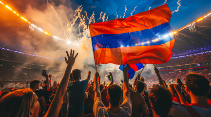A crowd of people are watching a soccer game and holding up a flag, football fans at the championship or cup
