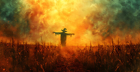 Fototapeta premium A scarecrow stands in a field of corn with a bright orange sky in the background