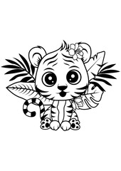 Cute Safari Tiger | Wild One | Baby Animal | Tropical Beach Vibes | Floral Tiger | Hawaiian Luau | Cute Jungle Cub | Original Illustration | Vector and Clipart | Cutfifle and Stencil