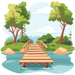Wooden bridge crossing river lush green landscape. Clear sky, calm water, nature scenery, tranquil environment. Cartoon style outdoor setting, serene park illustration