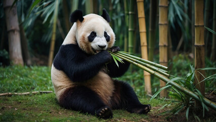 Cute giant panda eating bamboo