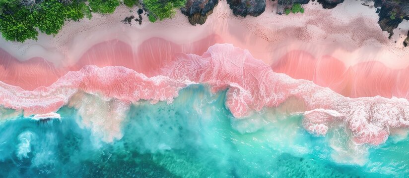 A stunning aerial shot of a pink sand beach surrounded by vibrant deep blue waters and crashing white waves, perfect for a summer getaway with ample space for travel and vacation themes.
