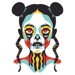 Stylized female face painted Day Dead celebration, colorful sugar skull makeup. Graphic art woman, Dia de los Muertos theme, isolated white background. Illustration cultural face paint representing