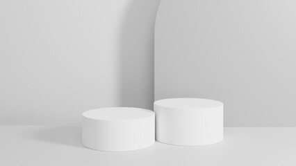 Background for product showcasing. Two white cylindrical stand on a gray background. 3D rendering.
